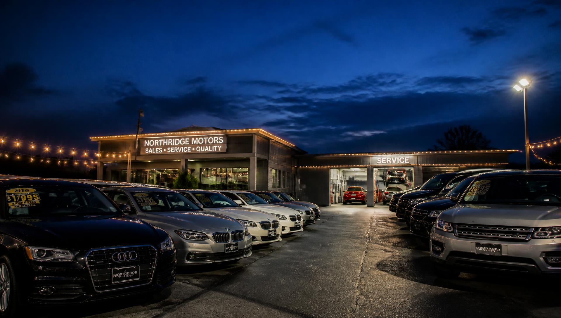 Winn Auto & Services dealership lot at dusk in Statesville, North Carolina